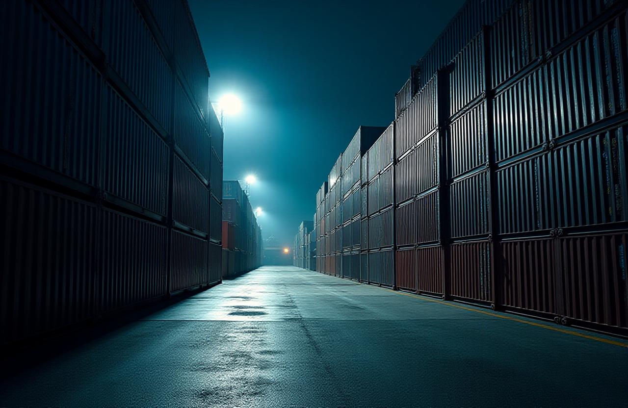 Gritty industrial freight terminal at night