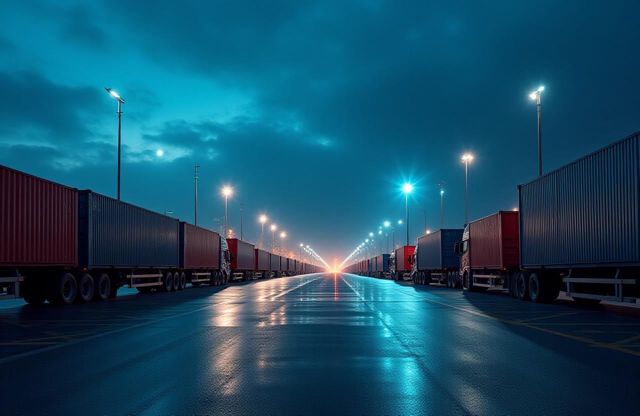 Heavy duty freight logistics operation at dusk