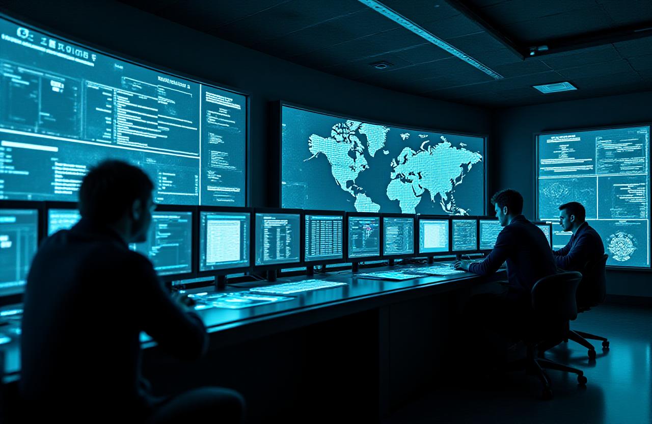 High-tech logistics dispatch center with glowing data screens
