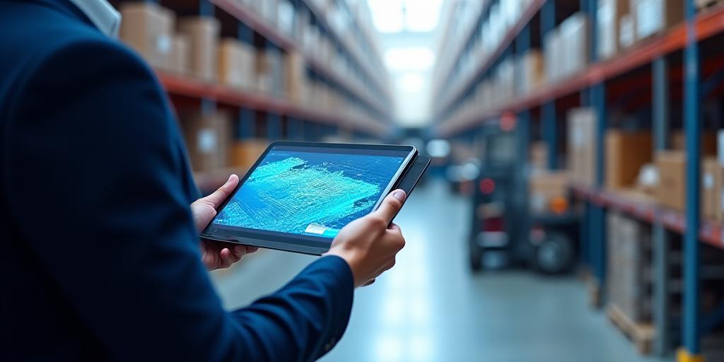 Warehouse staff using tablet for data analytics and inventory management